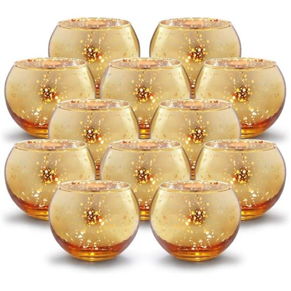 Round Gold Votive Candle Holders, Mercury Glass Candle Holder Set of 12